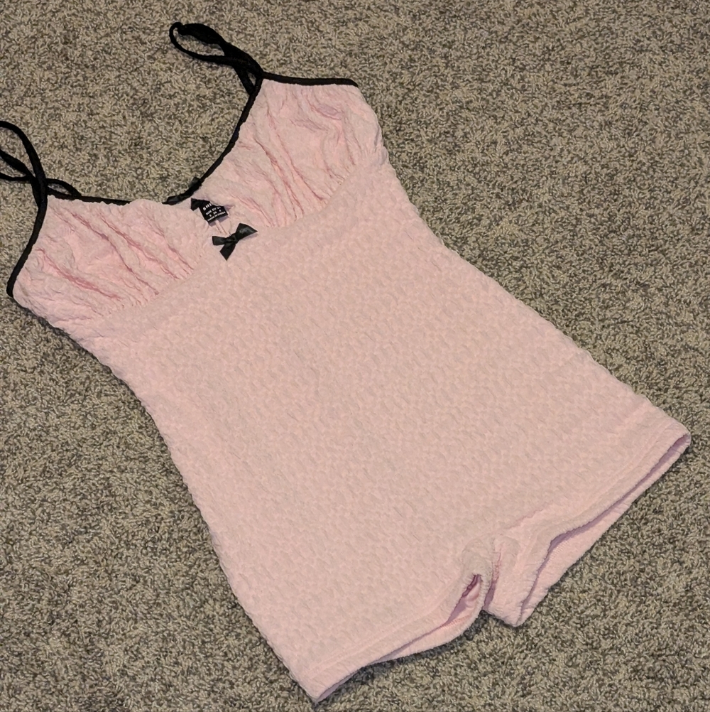 Shein Women's Pink Textured Romper Chemise with Black Trim Size Small